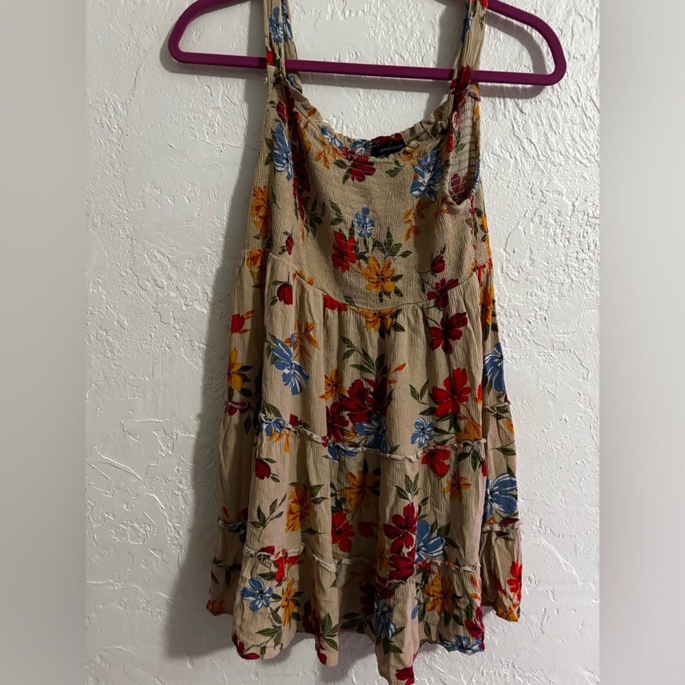 Ambiance Holiday Floral Smocked Tiered Mini Dress Beige Medium